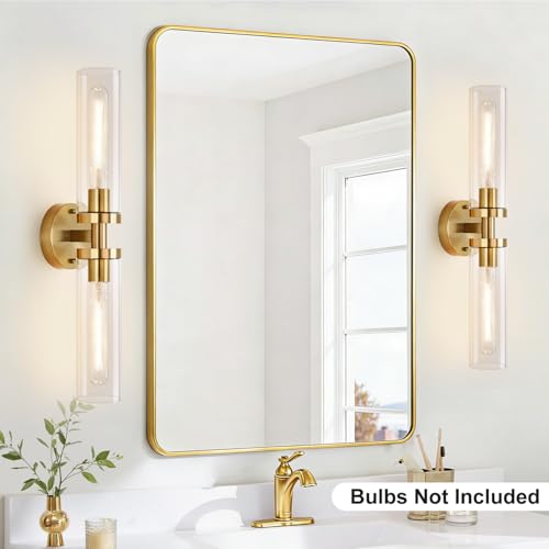 Image of Indoi Brushed Gold Wall Sconces, Hardwired Bathroom Sconces Wall Lighting with Clear Glass, Modern Sconces Wall Light fixtures for Bathroom Mirror Living Room Hallway Bedroom