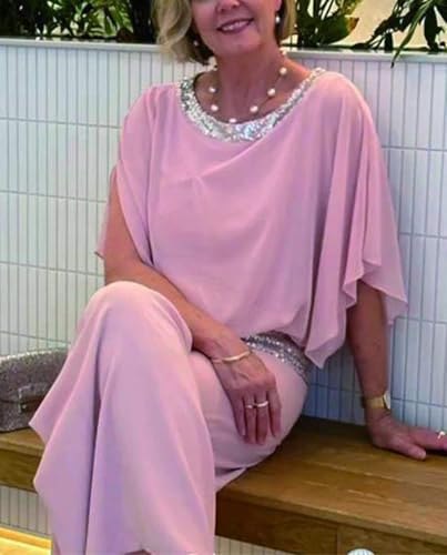 Chiffon 2 Piece Pant Suits for Womens Long Pant Batwing Sleeve Elegant Pantsuit Mother of Bride Sets Outfits4