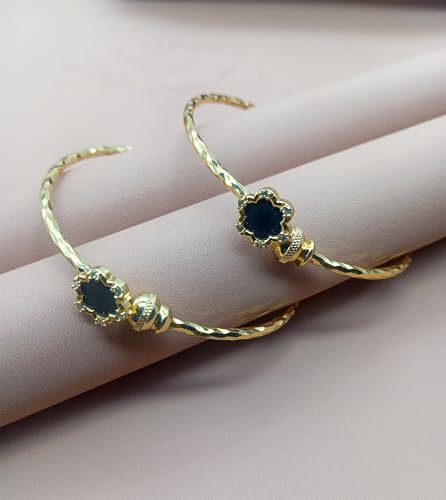 Image of Gold Plated Heart Bangle Bracelet, Twisted Rope Design with Black and Crystal Accent, Adjustable Cuff Style, Fashion Jewelry for Women