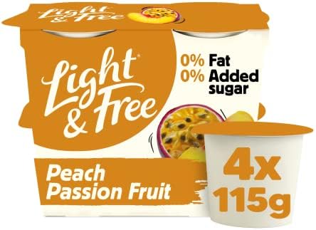 Light & Free Peach & Passion Fruit, 0% Fat and No Added Sugar, Greek Style Yoghurt, 4x115g