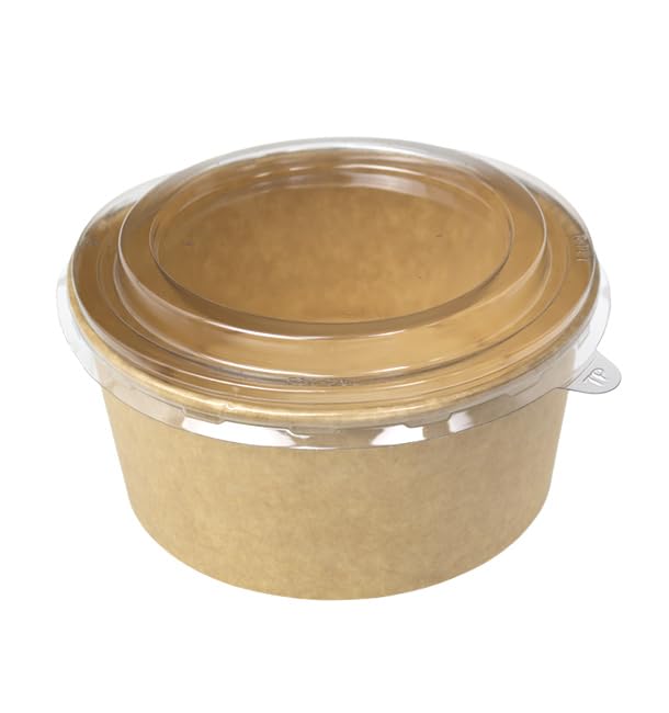Monouso | 50 Tarrinas de Cartón Kraft con Tapa PET, Ø13cm, 750ml, Biodegradables, Envases para Comida, Tiendas, Restaurantes, Take Away, Catering