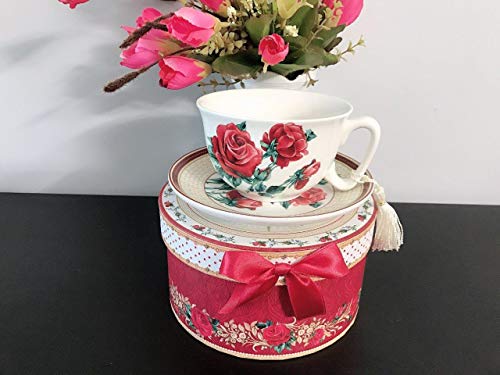 Lightahead Elegant Bone China Cappuccino Coffee Tea Cup and Saucer Red Rose Design 10 oz in attractive gift box