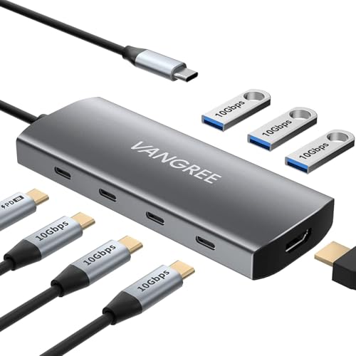 VANGREE USB C Hub, 3 USB 3.2 Gen 2 Ports with 10Gbps, 4K@60Hz HDMI, 100W Power Delivery, 3 USB-A...