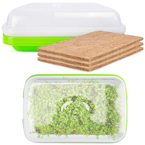 Microgreens Growing Trays with Lids and Coconut Fiber Mat,Seed Sprouter Tray with Drain Holes,Seed Starter Tray Reusable,Microgreens Growing Trays,Cat Grass Growing Kit for Indoor Cats (Pack 3)