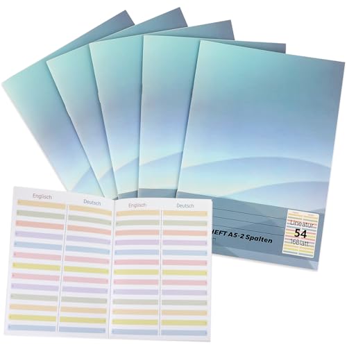 Tikplus 5 Stück Englisch Vokabelheft,Farbliche Vokabelheft A5 2 Spalten,80g/m² Vokabel Notizbuch,Lineatur 54 16 Blatt Vokabeln Schulheft mit Teilungslinie für Schüler Lernen Üben