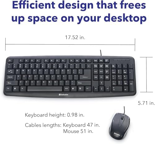 Verbatim Slimline Wired Keyboard and Mouse Combo USB Plug-and-Play Numeric Keypad Adjustable Tilt Legs Optical Corded Mouse Full-Size Computer Keyboard Compatible with PC, Laptop - FFP Packaging Black
