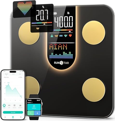 Bilancia Runstar Pesapesone, Bilancia Smart Con Display VA 8in1, Bilancia Pesapersone Digitale Alta Precisione Peso Corporeo, FC, BMI, Grasso Corporeo, 22 Dati Composizione Corporea, Sync App