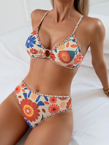 Image of Fanuerg Women's Triangle Bikini Sets O Ring Linked Two Piece Swimsuits Floral Printed Cheeky Bathing Suit