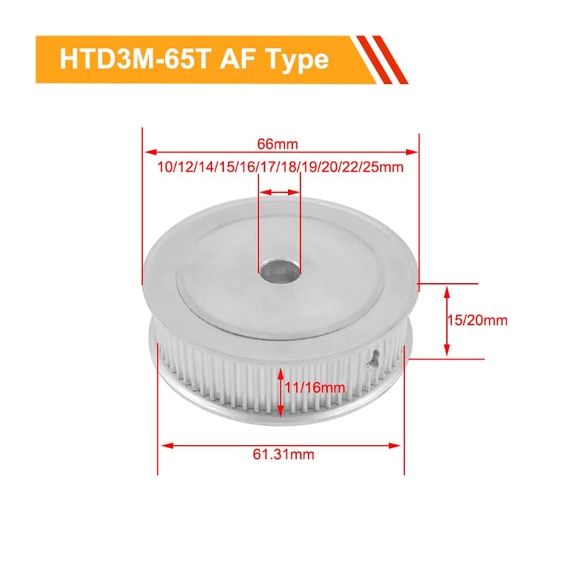Polea de correa de distribución 1 rueda de aleación de aluminio 65T HTD3M | Diámetro de 10/12/14/15/19/20/25 mm | Engranaje síncrono for correa de 11 mm de ancho(15mm)