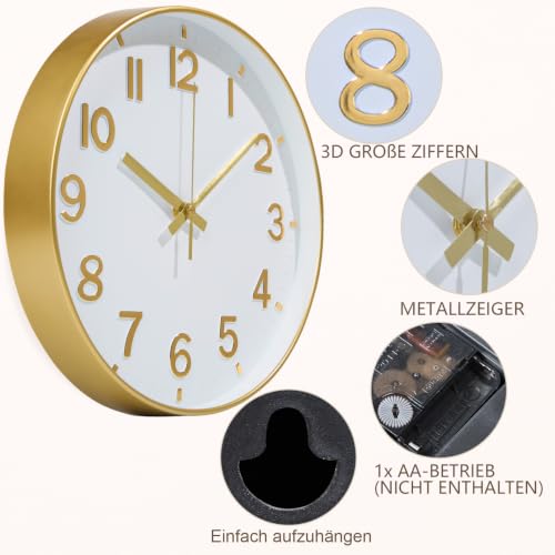 Image of Gold Wall Clock, 8 Inch Wall Clocks Battery Operated, Round Modern Non Ticking Silent Digital Analog Small Wall Clock for Bedroom Living Room Kitchen Office Gym Classroom Outdoor Clocks