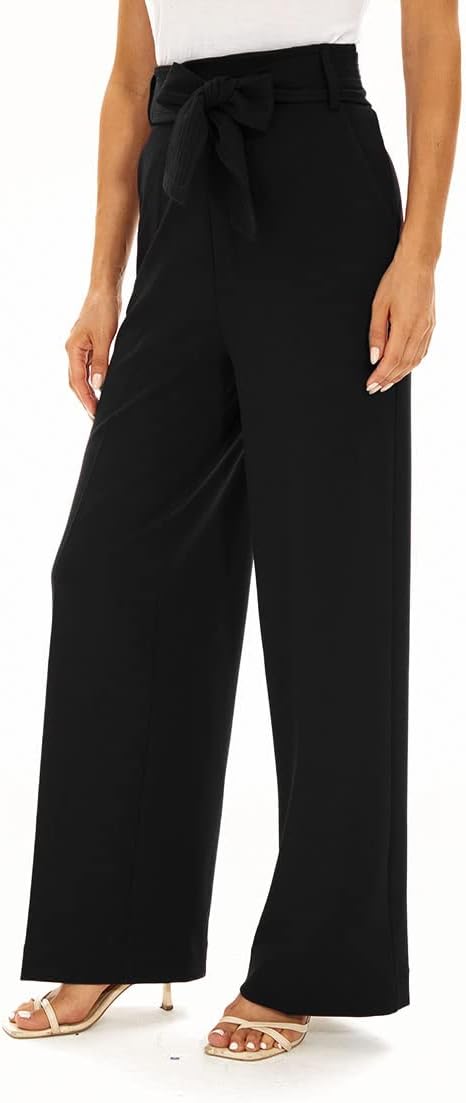 Wide Leg Stretchy Pants for Women Business Casual Pants Dress Pants with Pockets Self Tie Belted