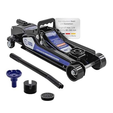 ECD Germany Hydrauliczny podnosnik samochodowy 2,5T, plaska wysokosc podnoszenia 80-360 mm, w zestawie 2x gumowa podkladka + 1x adapter SUV, rolki 360°, czarny, podnosnik samochodowy