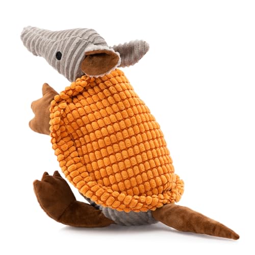 Image of Hollypet Plush Dog Squeaky Toy Stuffed Armadillo Animal Pet Puppy Chew Toys with Clean Teeth for Small Medium Large All Breed Sizes Dogs, Orange, 14 in