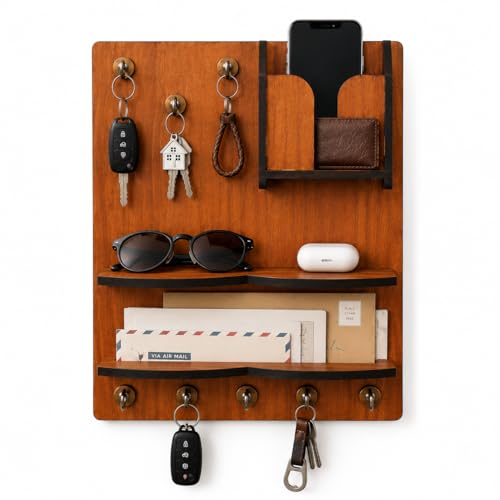 Wooden Wall Mounted Key Holder with Shelves and Hooks