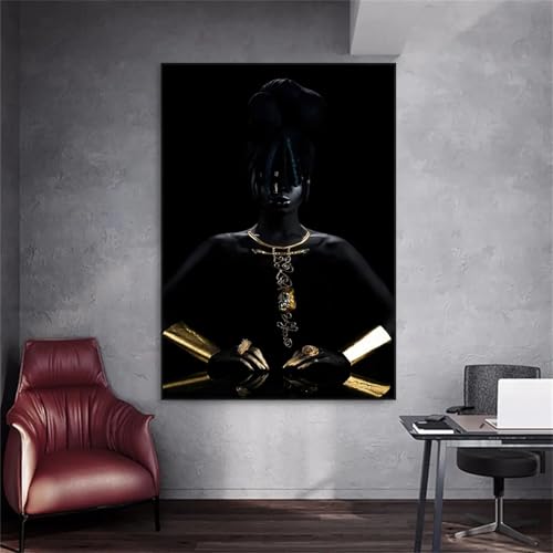 Art mural africain moderne tableau or et noir grand format x3 - 3