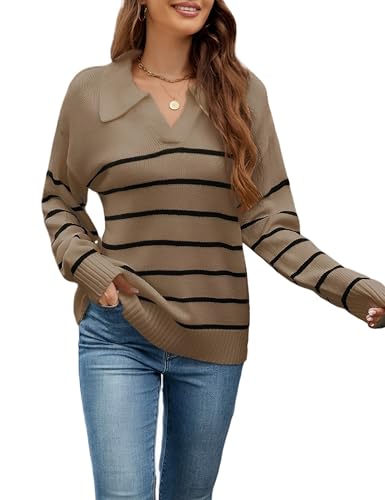 Image of Women's Fall Striped Oversized Sweater Winter Fashion Knit V Neck Pullover Tops Trendy 2024(XL, Brown)