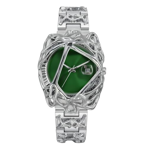 BARAMON Montre à quartz pour homme tendance et unique, style hip-hop, rock punk, décontracté, cool, en acier inoxydable, étanche, pour cadeau, vert