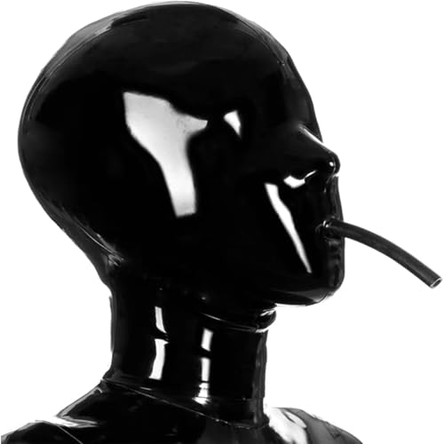 Kangxinsheng Schwarze Latexhaube Mund mit Atemschlauch,Naturkautschuk Maske mit Reißverschluss Hinten,Geeignet für Latex Cosplay Kostüme-XXL