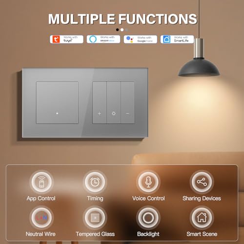 BSEED WIFI 1 Fach 1 Weg Lichtschalter mit Smart Dimmer Compatibel mit Google Home und Alexa Neutrale Leitung Ben&ouml;tigt, Grau