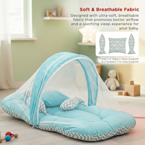 Image of BAYBEE Baby Bedding Set for New Born Baby, Bed Mattress with Mosquito Net & Neck Pillow, Sleeping Nest Travel, Infant Toddler Bed Set Gifts for Baby Boy Girl 0-6 Months (Blue)