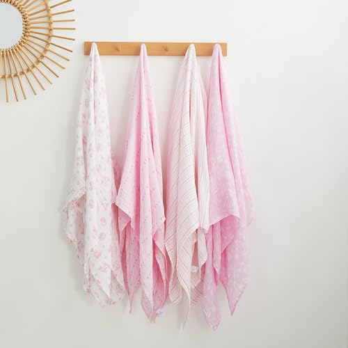 Image of Viviland Muslin Swaddle Blankets, Swaddle Wrap for Boys and Girls, Breathable and Skin-Friendly Baby Receiving Blankets, Baby Essentials, 4-Pack Flowers & Heart, 47 x 47 inches