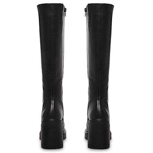 Sovanyou Black Leather Boots Platform Knee High Boots For Women Chunky Block Heeled Boots Square Toe Go-Go Boot High Heel Tall Boots Side Zip #TOP4