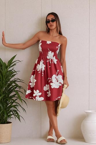 Image of Summer Dresses for Women Strapless Sundress Floral Print Beach Cover Ups