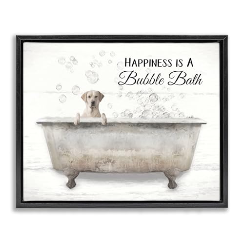 Image of 'Happiness Is A Bubble Bath Dog'| Floating Frame Canvas Art | Stupell Industries | Black, 21 x 17 Inches, Easy to Hang and Sturdy, Made in USA, by Lori Deiter