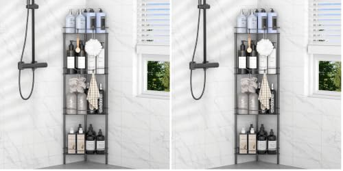 Image of HuggieGems 4 Tier Floor Standing Corner Shower Caddy Organizer Shelf with Hooks, Bathroom Shelves Stand Rack, Black (Pack of 2)