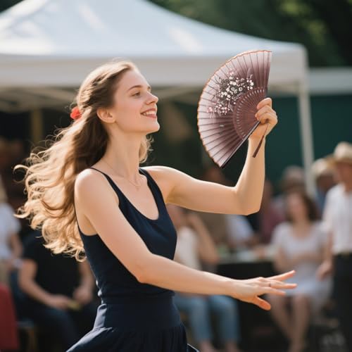 JOHOUSE Linen Folding Fans, 8.3 Inch Brown Hand Fans for Women Foldable Handheld Portable Chinese Style Crafts for Dancing, Photography Props, Home Decor