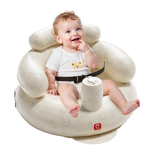QPAU Inflatable Baby Seat with Built-in Pump, Baby Chair for Sitting Up (3-9 Months), Portable Blow Up Baby Chair with Safety Harness (Dinosaur)