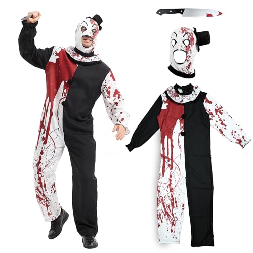 FORMIZON Disfarce de palhaço adulto Halloween, disfarce de palhaço , fato de palhaço branco e preto macacão, com capuz e punho, fato palhaço cosplay para Halloween carnaval terrifier festas