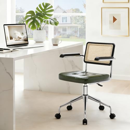 Image of Zesthouse Modern Home Office Chair Leather Desk Chair with Rattan Back, Vanity Chair for Girls Women, Upholstered Tufted Swivel Armchair for Bedroom, Height Adjustable Computer Task Chair