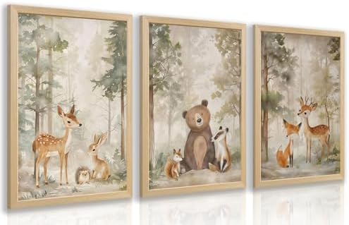 LLEEMPI Woodland Nursery Wall Decor Set of 3, Cute Forest Animal ...