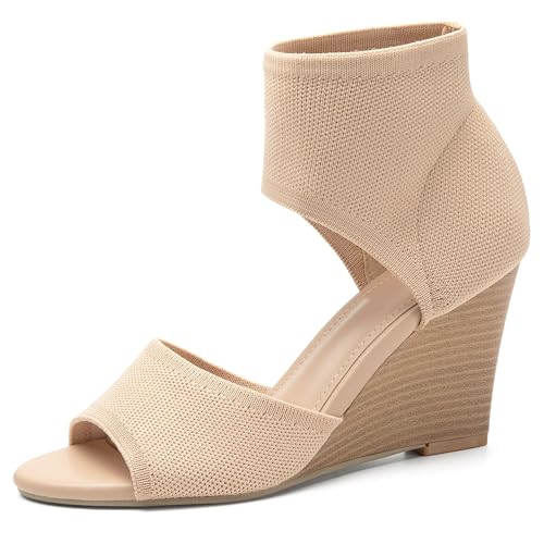 NEWBELLA Women's Knit Wedge Sandals - Stretchy Peep-Toe Slip-On Heels Ankle Booties Sandals for Summer & Dressy