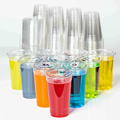 16oz Clear Plastic Cups with Lids and straws