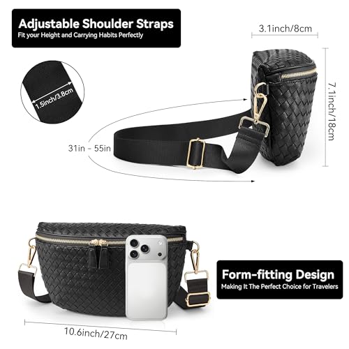 Image of KALIDI Woven Crossbody Bag for Women Travel Vegan Leather Belt Bum Bag | Fanny Packs for Woman Trendy Cross Body Sling Purse for Casual Everyday Daily Errands Shopping Trip Festival, Black