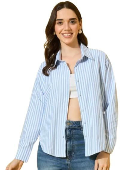 Ketch Women's Striped Shirt, Yellow and White, Long Sleeve, Button Down, Casual Collared Trendy Shirt in white