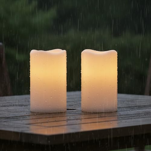 Raycare 3'x6' Outdoor Waterproof Flameless Candles-Auto Light Sensor Dusk to Dawn, 2Pcs Flickering LED Candle, Battery Operated Electric Fake Pillar Candle for Garden, Porch, Patio, Lantern Decor