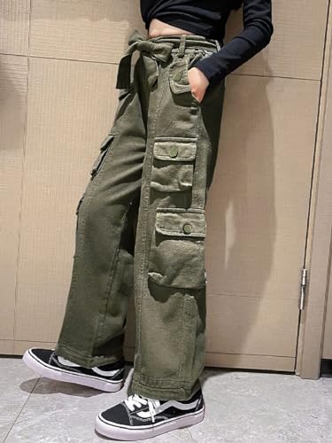 Image of Rolanko Girls Cargo Pants Baggy Y2K Cargo Trousers Jeans Wide Leg Pants with Multi Pockets 4-15 Years
