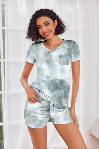 Image of Ekouaer Womens Pajama Sets Short Sleeve Pajamas for Women Sets Soft Lounge Sets Casual V Neck Sleepwear PJS
