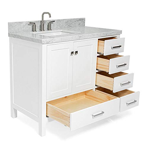 Ariel 43" Inch White Bathroom Vanity W/ 1.5" Edge Italian Carrara Marble Countertop & Backsplash | Left Rectangular Sink | 2 Soft Closing Doors & 5 Full Extension Dovetail Drawers | Satin Nickel Pulls #TOP4
