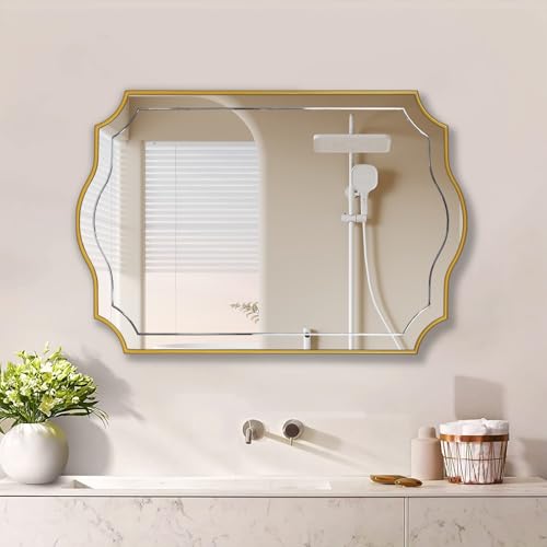 Image of POZINO 36 inchx24 inch Scalloped Wall Mirror with Wood Frame, Gold Irregular Mirror
