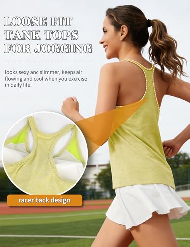 SLIMBELLE Yoga Tank Tops for Women Built in Bra Racerback High Neck Sleeveless Shirt Gym Workout Running Loose Fit Cami Yellow Green S - image 5