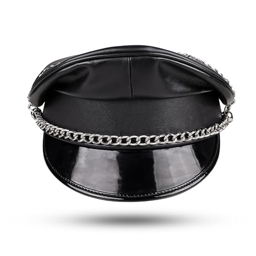 Premium Soft Real Leather Muir Peaked Biker Cap with Metal Chain Black Biker Style Officer Hat for Men & Women (US Alpha Large)