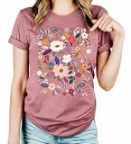 Women Boho Wildflowers Cottagecore Shirt Vintage Butterfly Floral Botanical Graphic Tees Garden Lover Tops (Dark Pink, S)