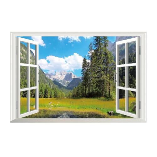 Adhesivo de pared 3D con vista de ventana falsa, paisaje de lago y montaña, calcomanía de pared para decoración del hogar, baño, sala de estar, dormitorio, A