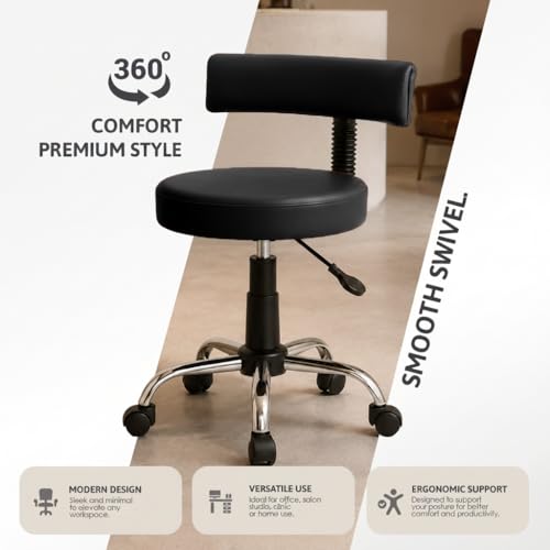 Image of DIYA Seating Chrome Rolling Study Flex Stool (1 Year Warranty) - Black | Lift & Swivel Adjustable Height Salon Flex Stool w / Foot Rest, Compact Seating for Home Office Shop Study Use -(44 inchx47 inchx83 inch)