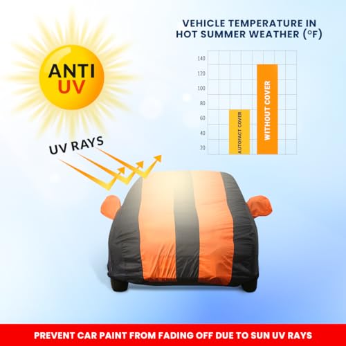 Image of Autofact Car Body Cover for MG Comet | Triple-Stitched, Windproof with Buckle Belt, Elastic Hem, UV Protection, Scratchproof & Dustproof, Soft Feather-Like Fabric for All-Weather Protection (Orange)