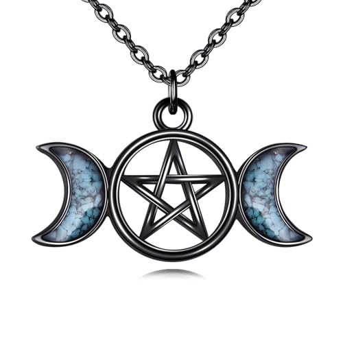 URONE Hecate Necklace 925 Silver Wiccan Wheel of Hecate Triple Moon Goddess Pendant Necklace Wiccan Jewelry Gifts for Women